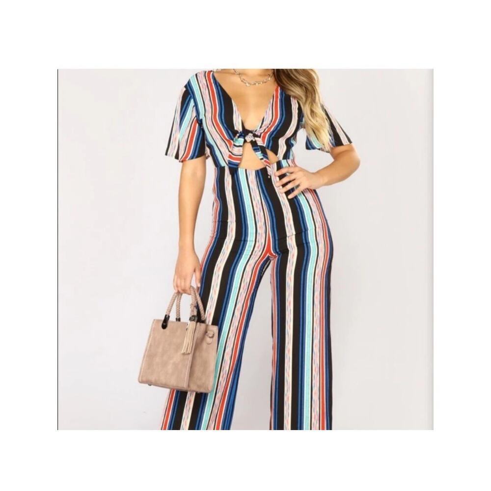Lush Colorful Stripe Tie Chest Short Sleeve jumpsuit Size Medium